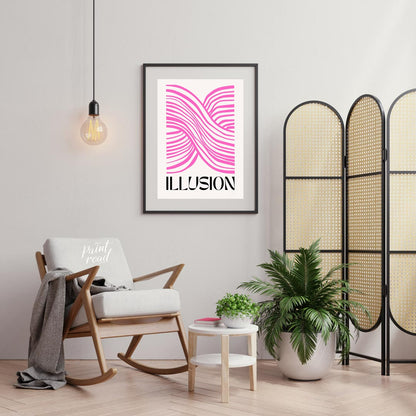 This striking and modern abstract artwork features the word “ILLUSION” in a bold, black serif font … for office