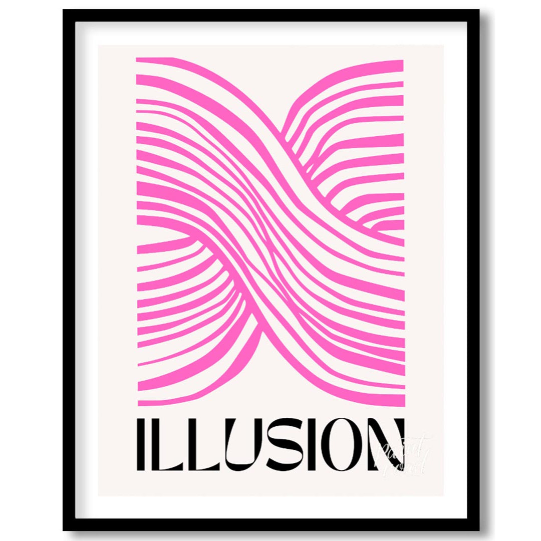 This striking and modern abstract artwork features the word “ILLUSION” in a bold, black serif font … for space
