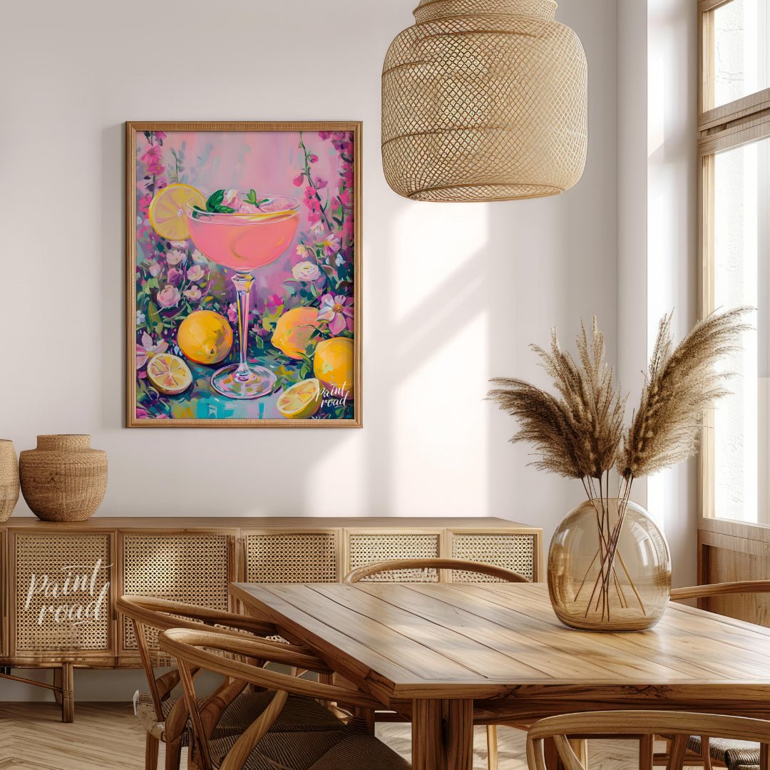 This artwork captures the essence of a refreshing pink lemonade cocktail amidst a flourishing flora… for dining room