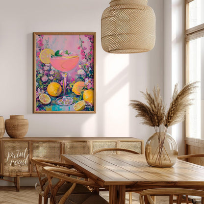 This artwork captures the essence of a refreshing pink lemonade cocktail amidst a flourishing flora… for dining room