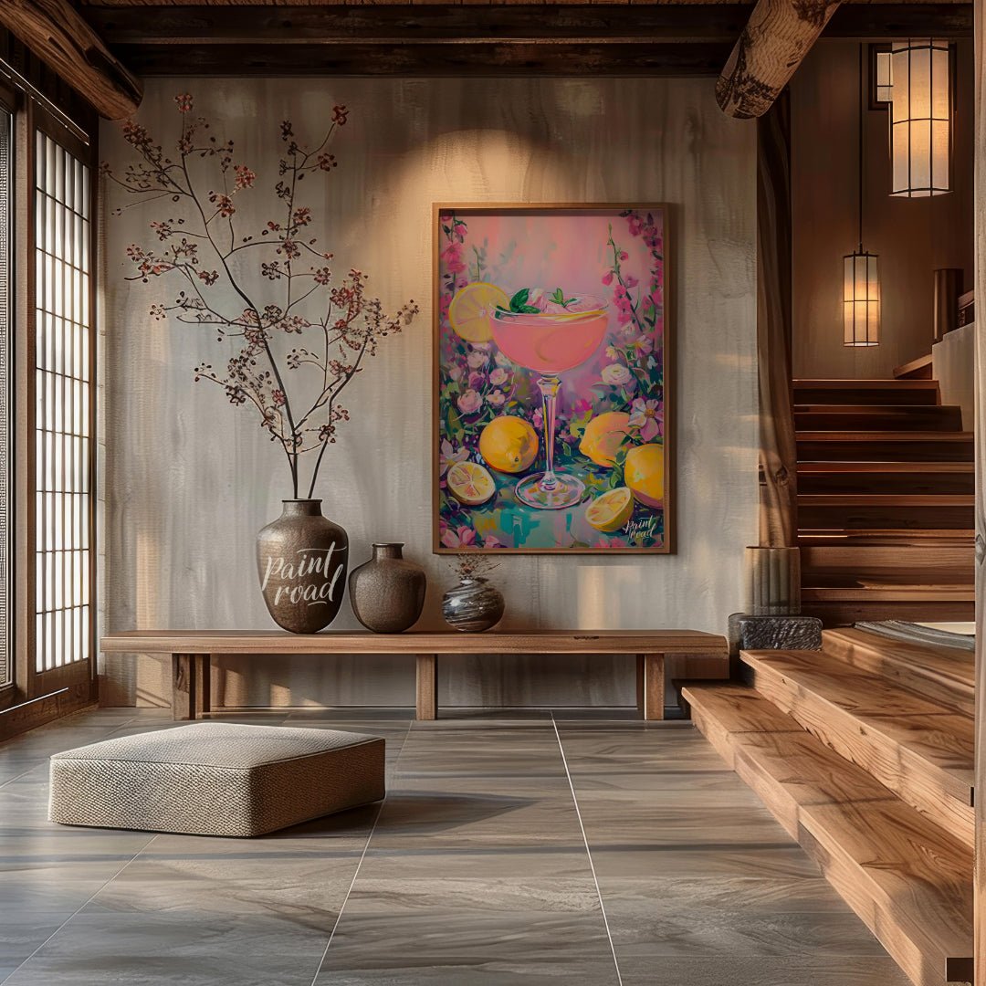 This artwork captures the essence of a refreshing pink lemonade cocktail amidst a flourishing flora… for entryway