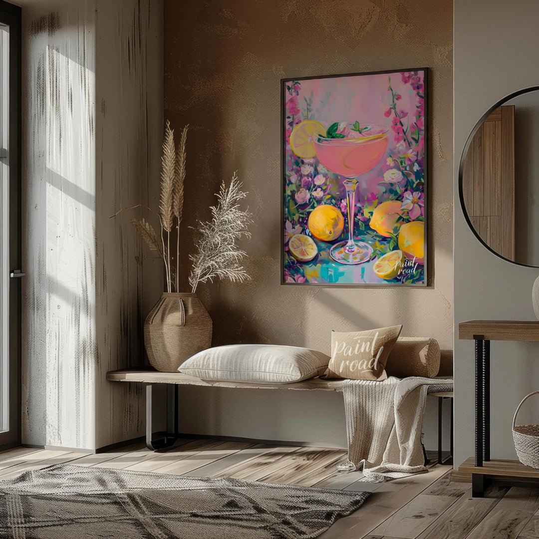 This artwork captures the essence of a refreshing pink lemonade cocktail amidst a flourishing flora… for entryway