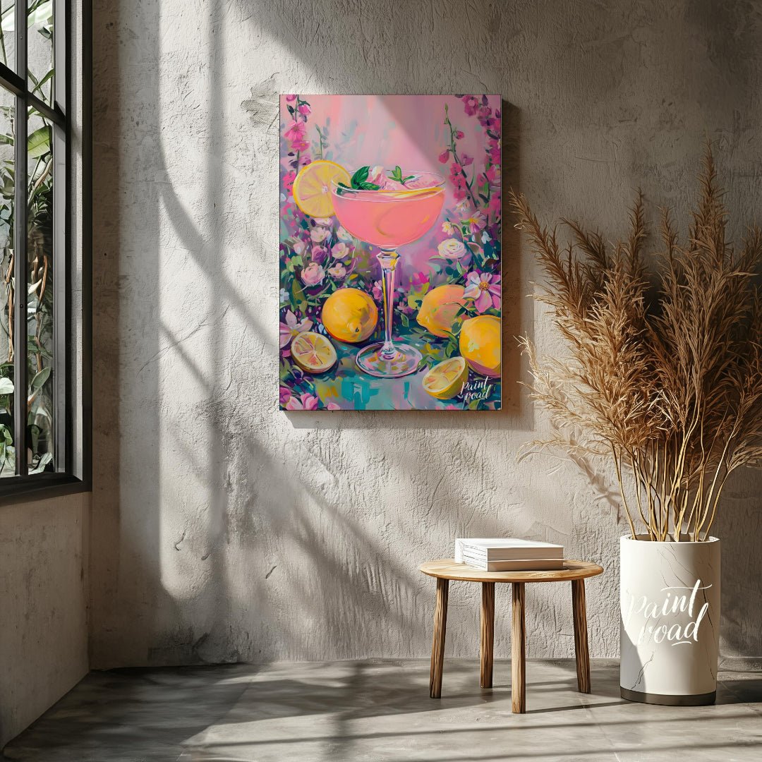 This artwork captures the essence of a refreshing pink lemonade cocktail amidst a flourishing flora… for living room