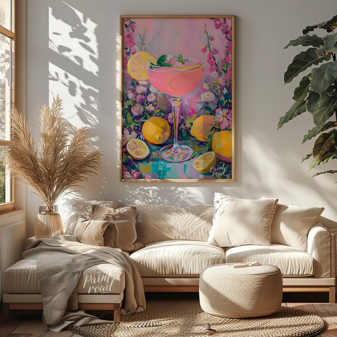 This artwork captures the essence of a refreshing pink lemonade cocktail amidst a flourishing flora… for living room