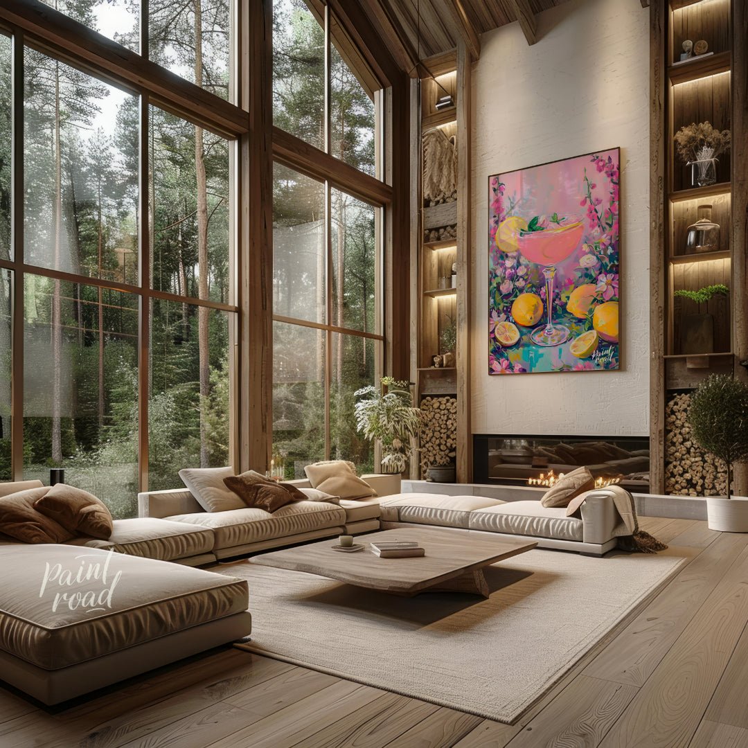 This artwork captures the essence of a refreshing pink lemonade cocktail amidst a flourishing flora… for living room