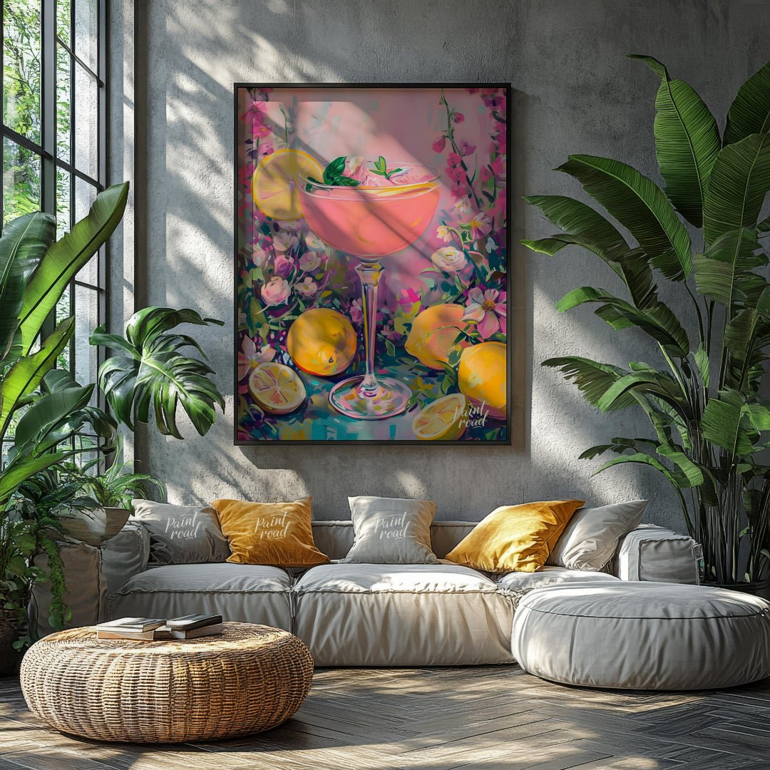 This artwork captures the essence of a refreshing pink lemonade cocktail amidst a flourishing flora… for living room