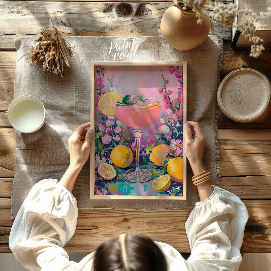This artwork captures the essence of a refreshing pink lemonade cocktail amidst a flourishing flora… for other