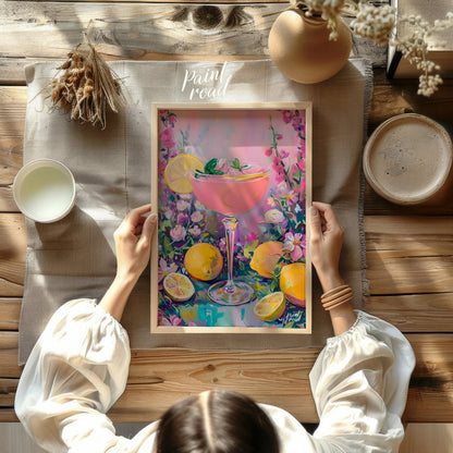 This artwork captures the essence of a refreshing pink lemonade cocktail amidst a flourishing flora… for other