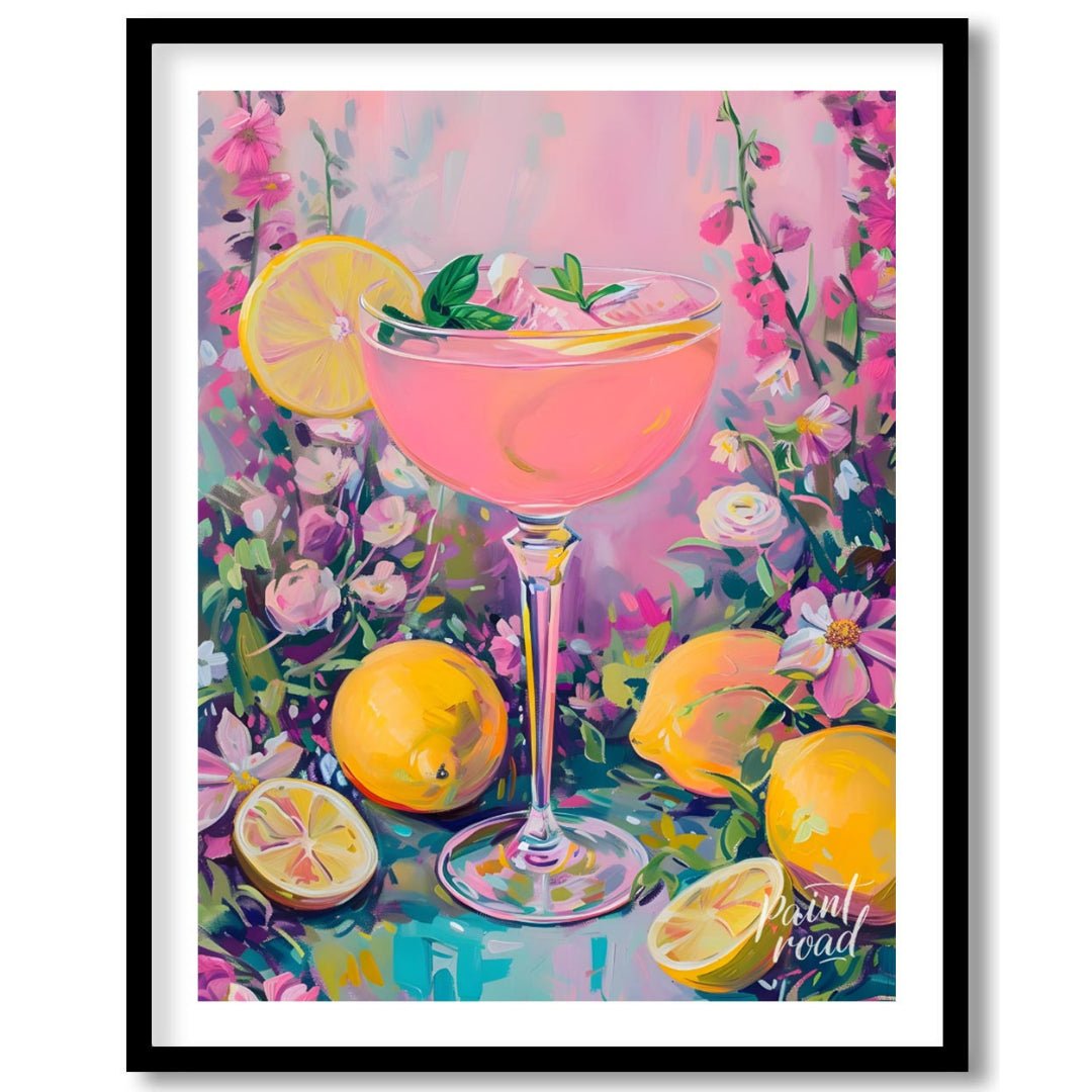 This artwork captures the essence of a refreshing pink lemonade cocktail amidst a flourishing flora… for room