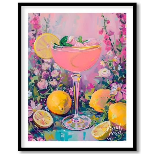 This artwork captures the essence of a refreshing pink lemonade cocktail amidst a flourishing flora… for room