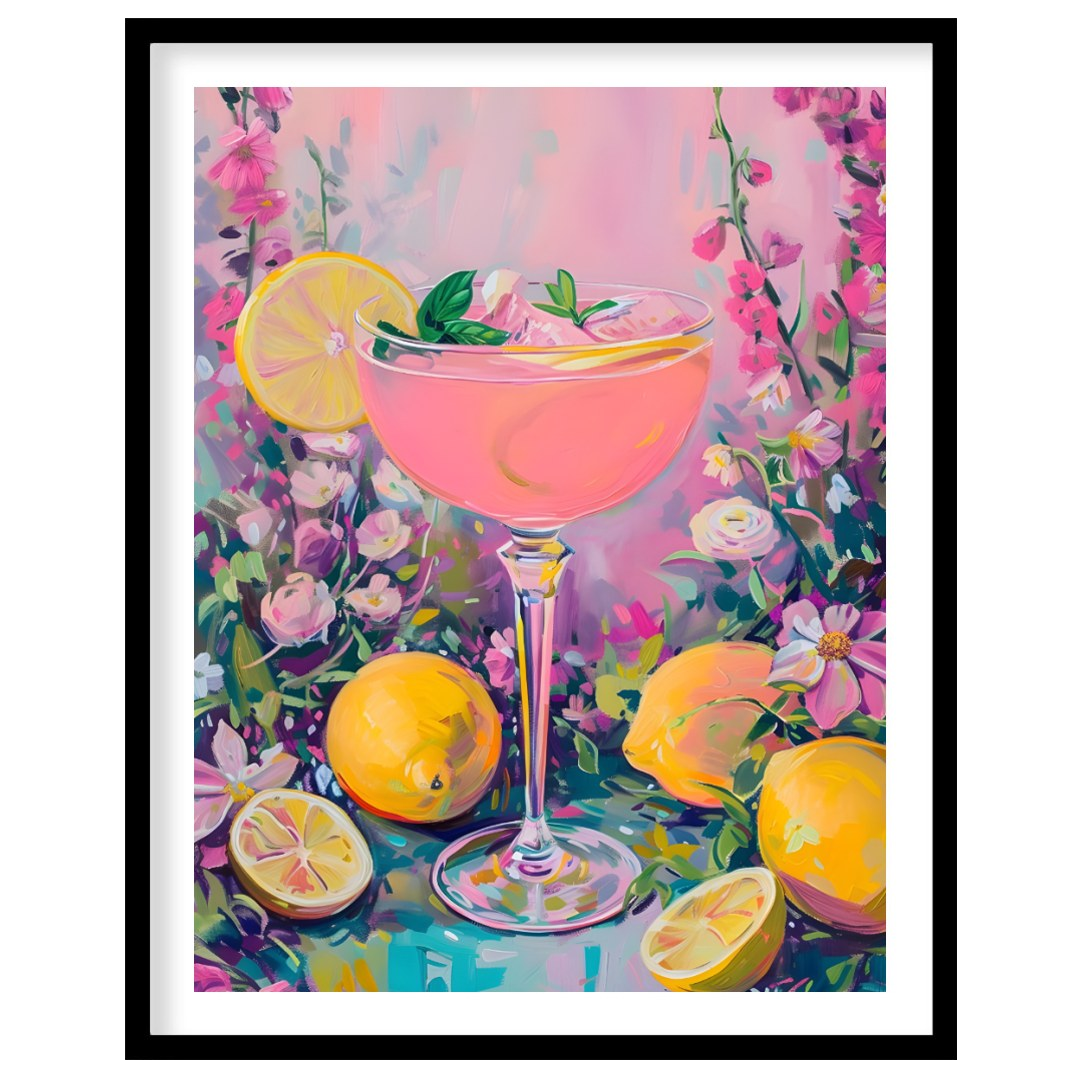 This artwork captures the essence of a refreshing pink lemonade cocktail amidst a flourishing flora… for room