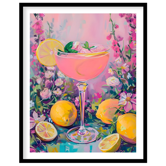 This artwork captures the essence of a refreshing pink lemonade cocktail amidst a flourishing flora… for room