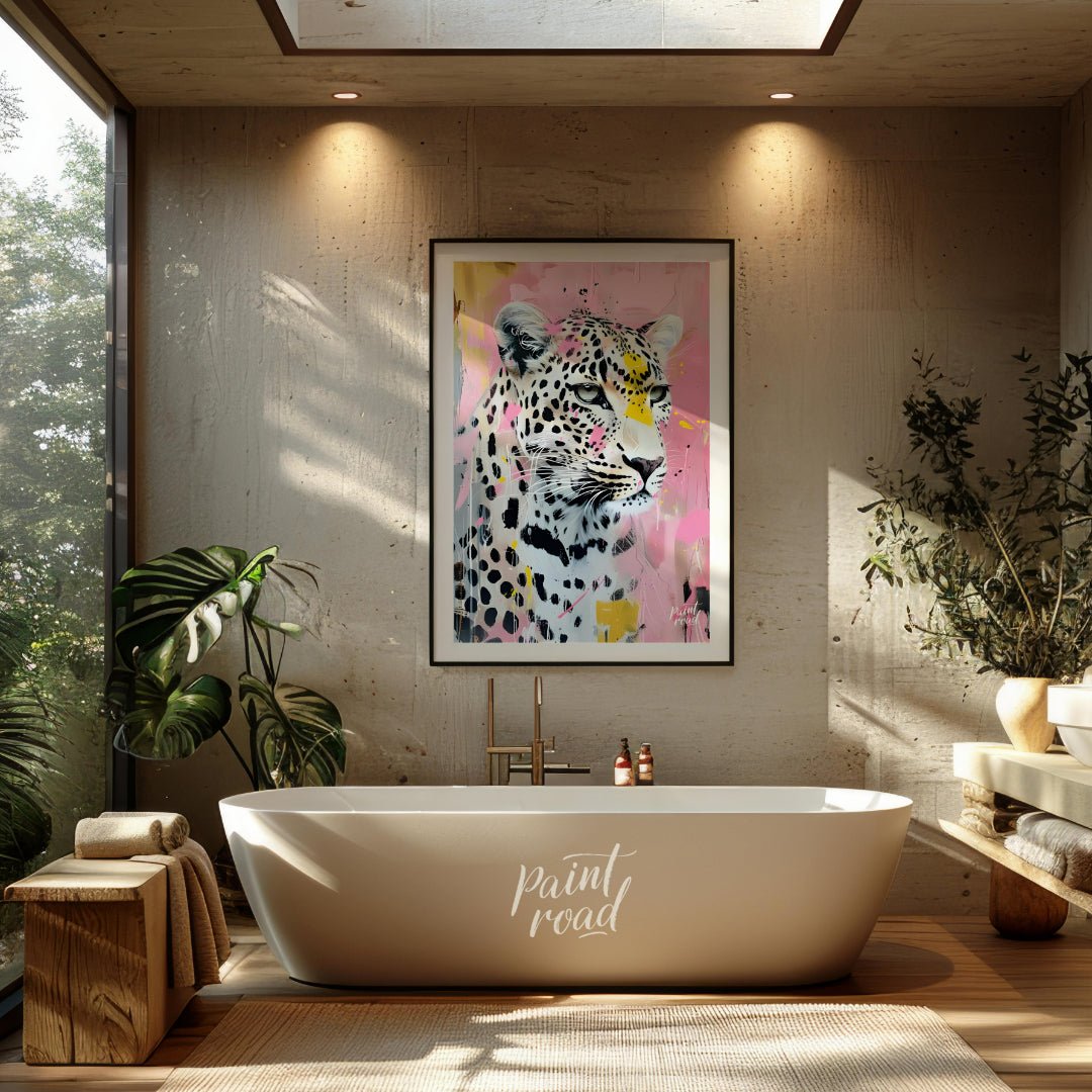 This striking portrait captures a leopard in a unique blend of realism and abstract expressionism. … for bathroom