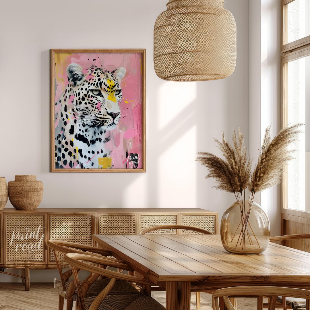This striking portrait captures a leopard in a unique blend of realism and abstract expressionism. … for dining room