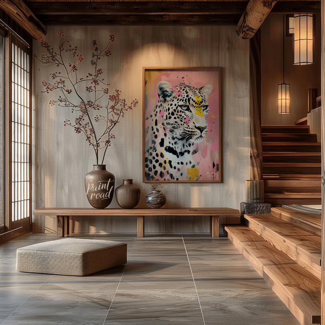 This striking portrait captures a leopard in a unique blend of realism and abstract expressionism. … for entryway