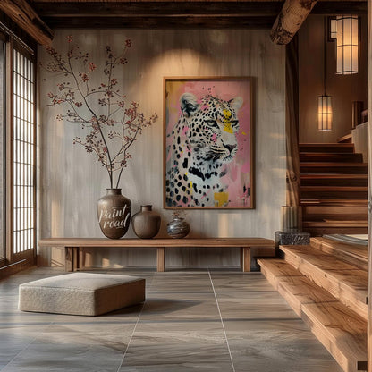 This striking portrait captures a leopard in a unique blend of realism and abstract expressionism. … for entryway