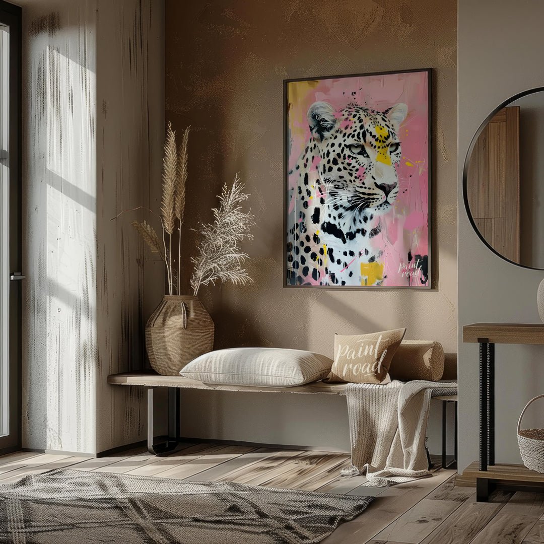 This striking portrait captures a leopard in a unique blend of realism and abstract expressionism. … for entryway
