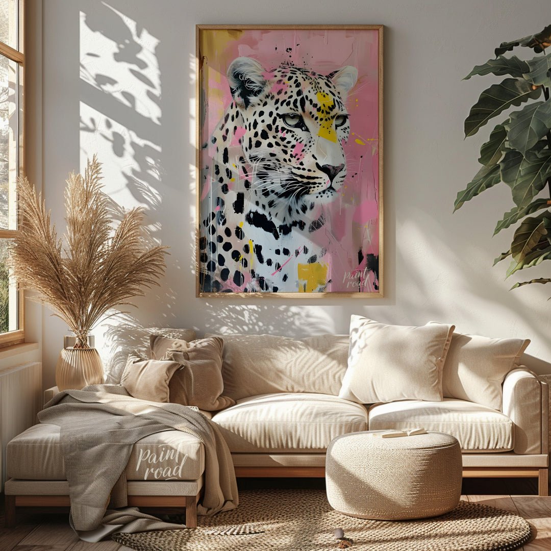 This striking portrait captures a leopard in a unique blend of realism and abstract expressionism. … for living room
