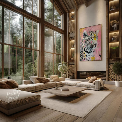 This striking portrait captures a leopard in a unique blend of realism and abstract expressionism. … for living room