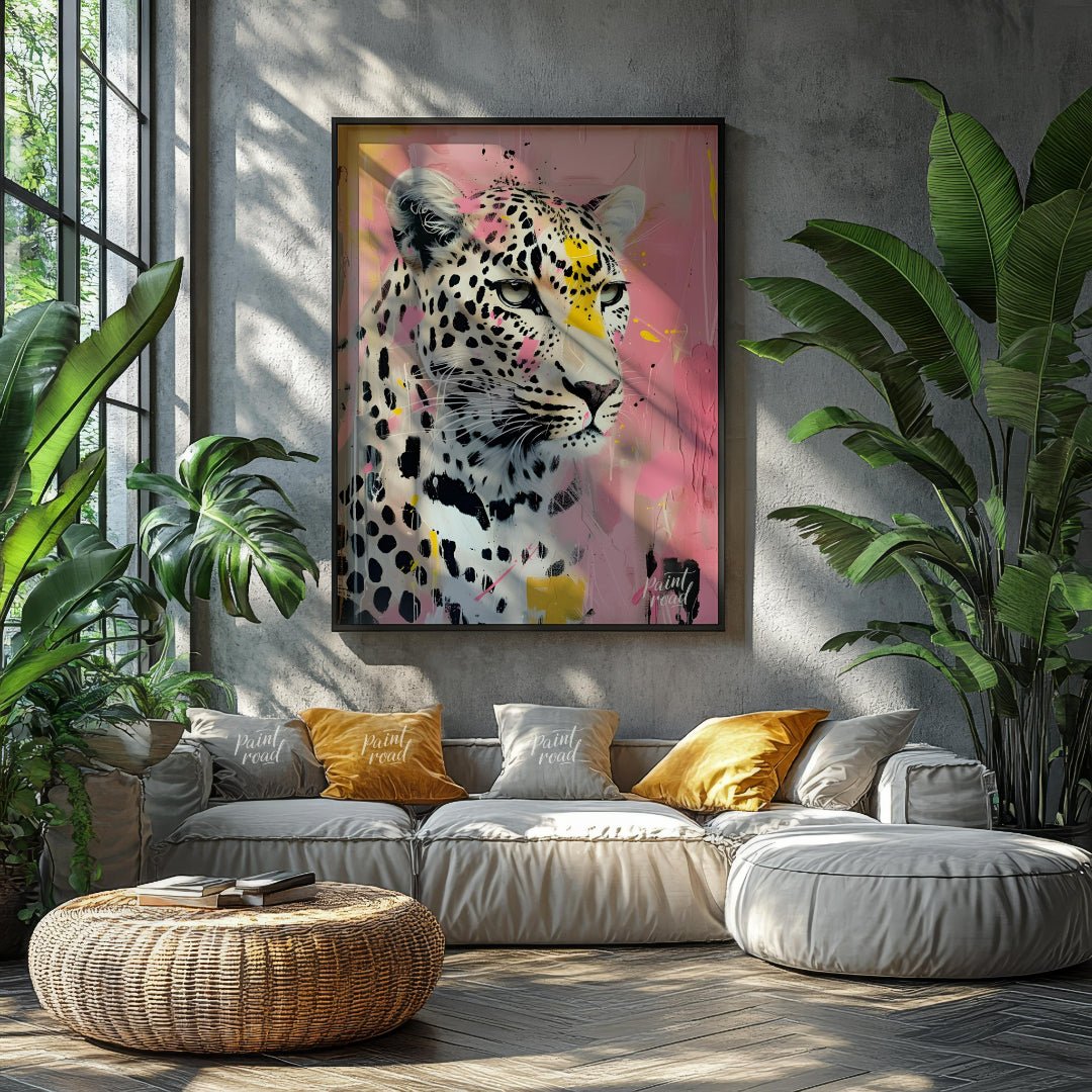 This striking portrait captures a leopard in a unique blend of realism and abstract expressionism. … for living room