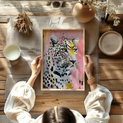 This striking portrait captures a leopard in a unique blend of realism and abstract expressionism. … for other