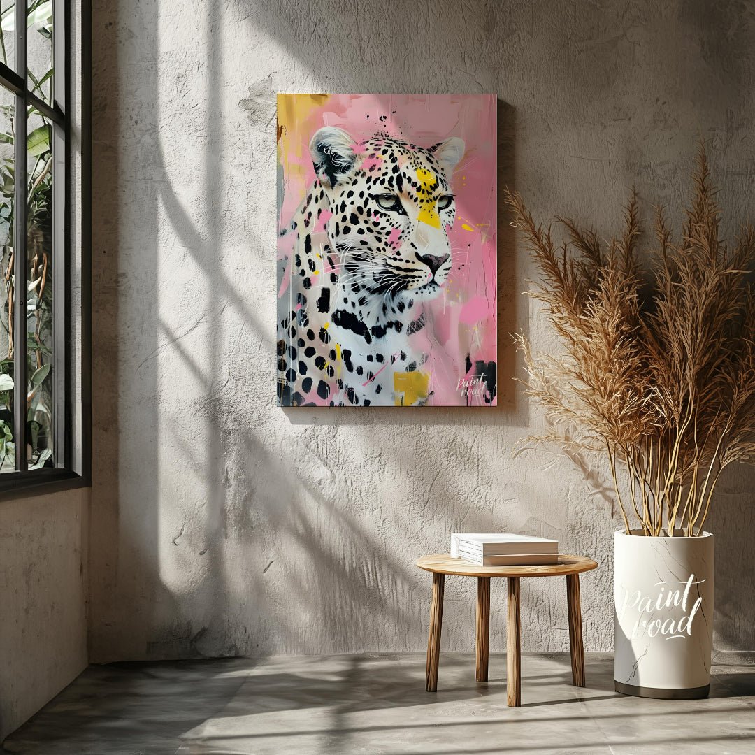 This striking portrait captures a leopard in a unique blend of realism and abstract expressionism. … for other