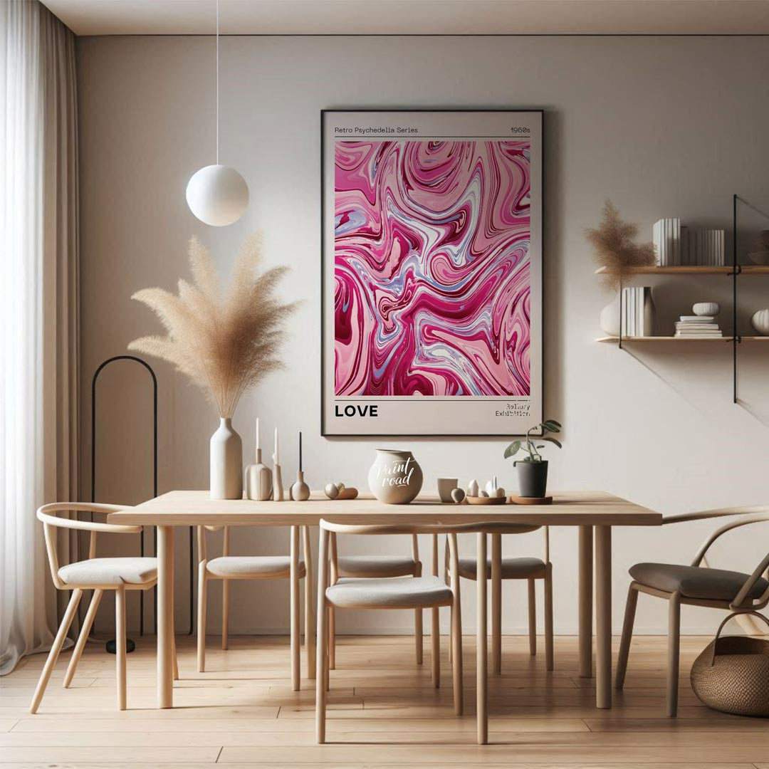 This vibrant and emotive art print, from the “Retro Psychedelia Series” of the “1960s,” displays a … for dining room