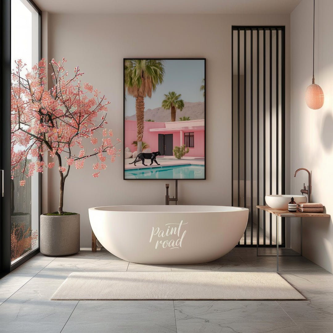 This striking image blends surrealism with mid-century modern aesthetics. A sleek black panther pro… for bathroom