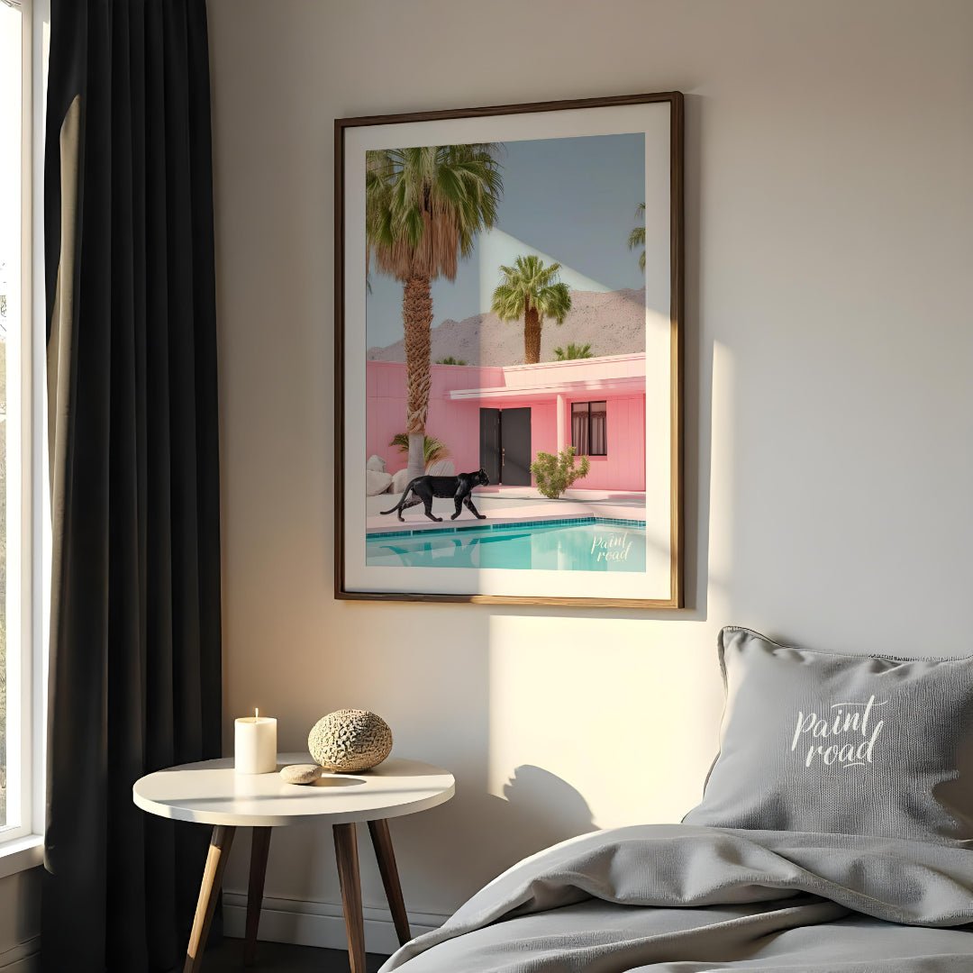 This striking image blends surrealism with mid-century modern aesthetics. A sleek black panther pro… for bedroom