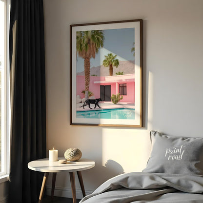 This striking image blends surrealism with mid-century modern aesthetics. A sleek black panther pro… for bedroom