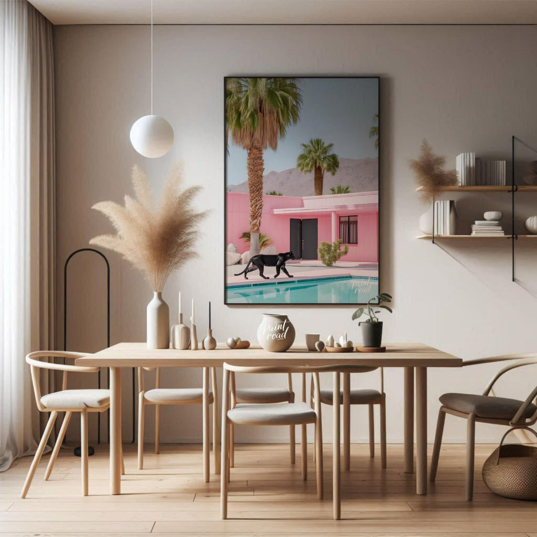 This striking image blends surrealism with mid-century modern aesthetics. A sleek black panther pro… for dining room
