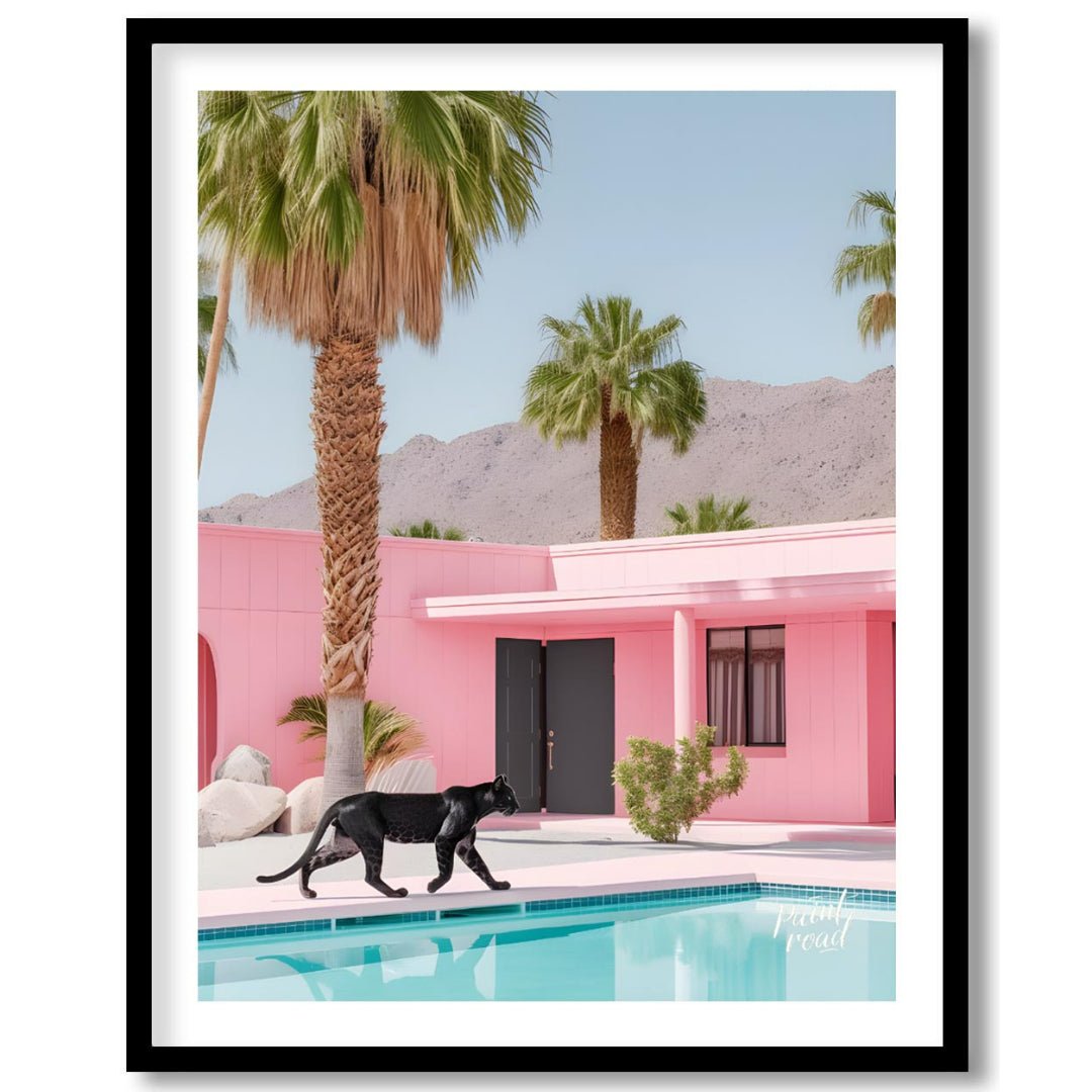 This striking image blends surrealism with mid-century modern aesthetics. A sleek black panther pro… for house