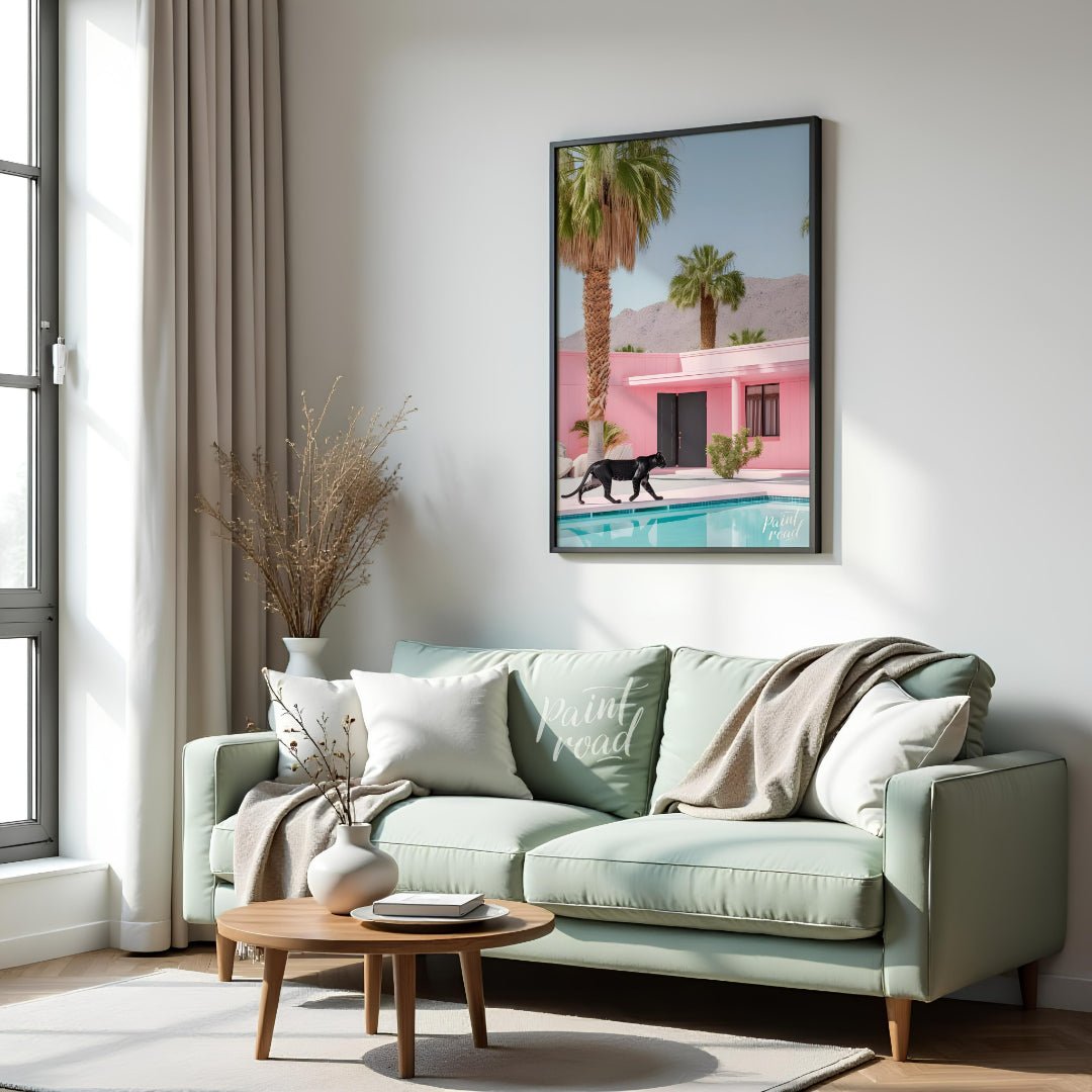 This striking image blends surrealism with mid-century modern aesthetics. A sleek black panther pro… for living room