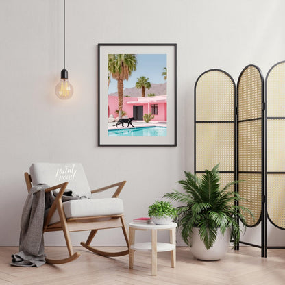 This striking image blends surrealism with mid-century modern aesthetics. A sleek black panther pro… for living room