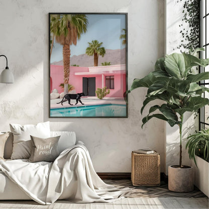 This striking image blends surrealism with mid-century modern aesthetics. A sleek black panther pro… for living room