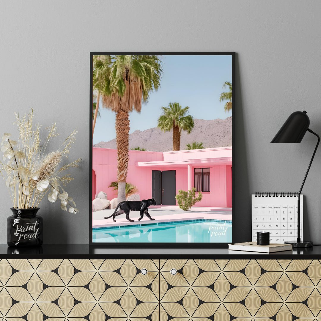 This striking image blends surrealism with mid-century modern aesthetics. A sleek black panther pro… for office