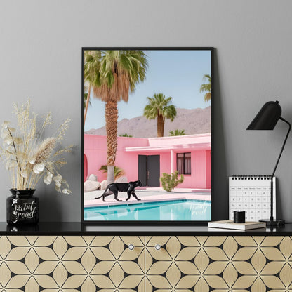 This striking image blends surrealism with mid-century modern aesthetics. A sleek black panther pro… for office