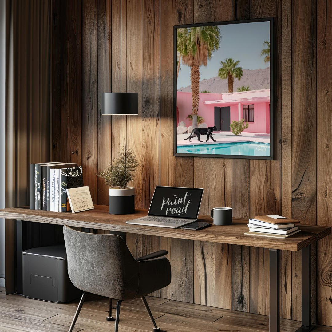 This striking image blends surrealism with mid-century modern aesthetics. A sleek black panther pro… for office
