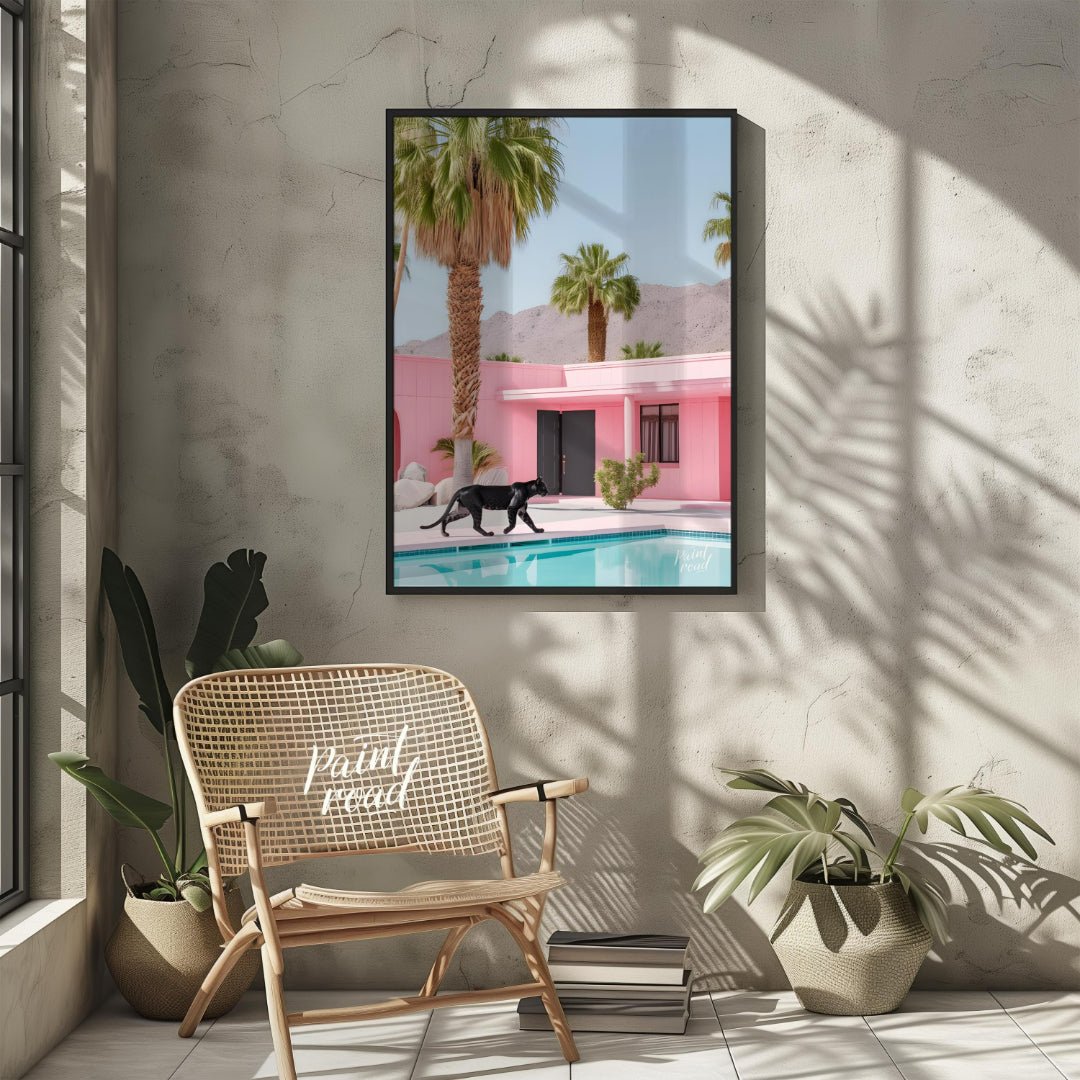 This striking image blends surrealism with mid-century modern aesthetics. A sleek black panther pro… for other