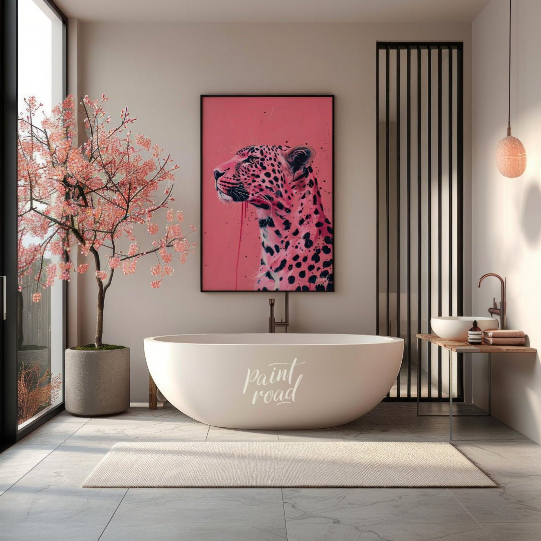 This striking artwork reimagines the majestic leopard in a bold, contemporary style. The artist emp… for bathroom