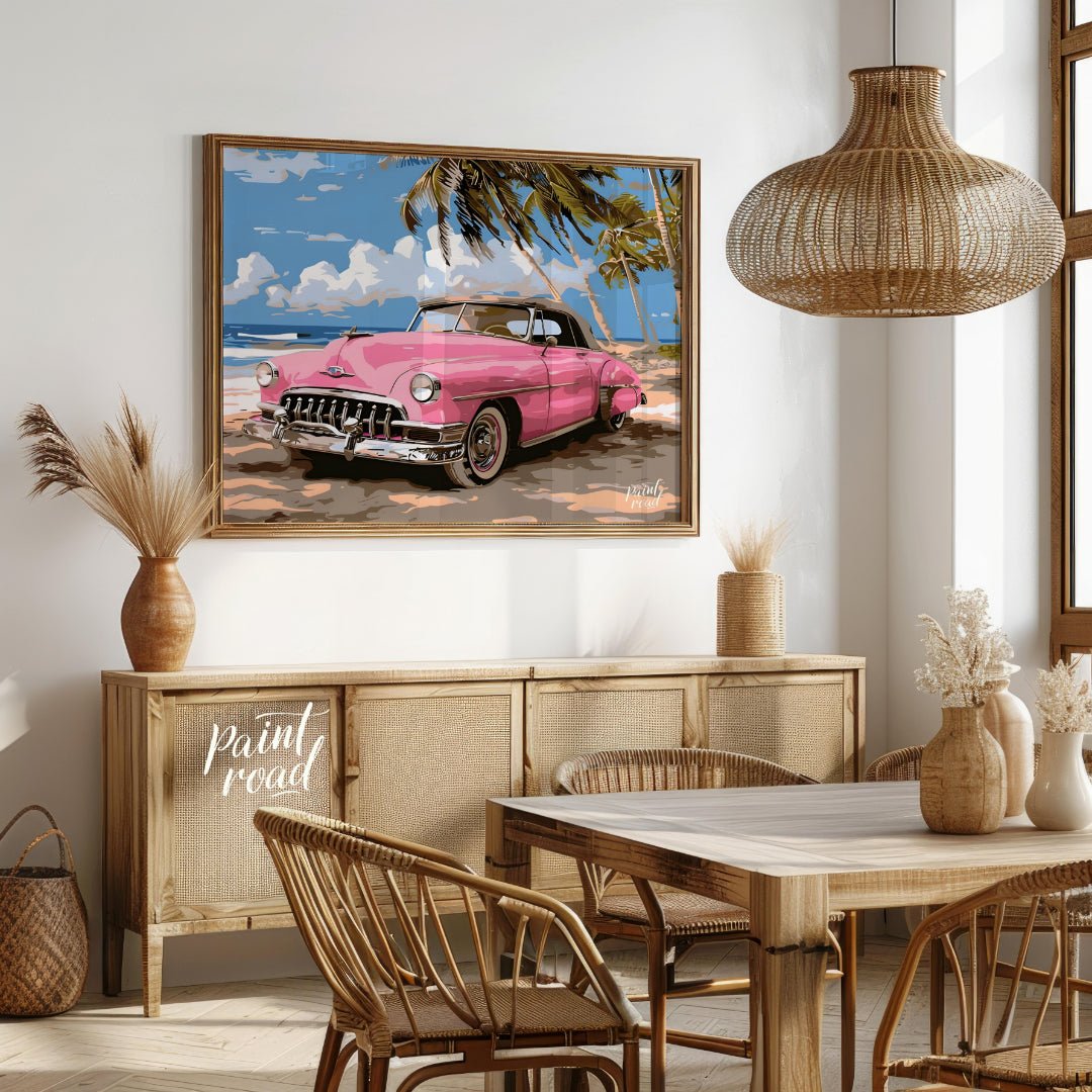 This vibrant art captures the nostalgic charm of a classic pink Cadillac convertible parked on a su… for dining room