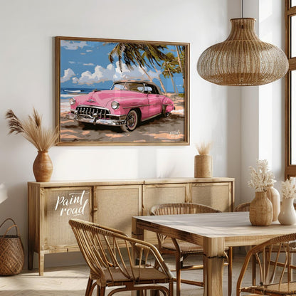 This vibrant art captures the nostalgic charm of a classic pink Cadillac convertible parked on a su… for dining room