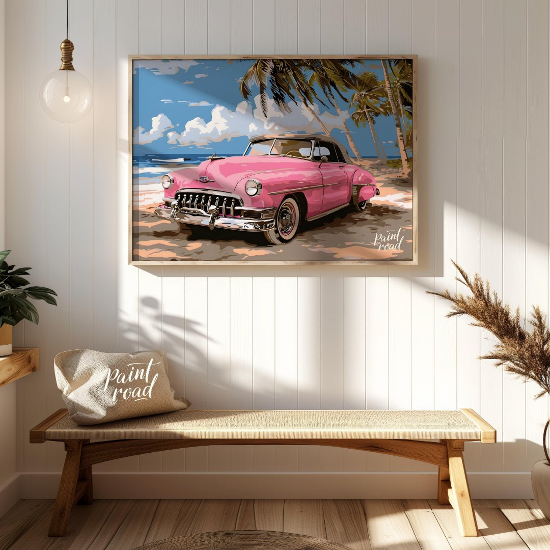 This vibrant art captures the nostalgic charm of a classic pink Cadillac convertible parked on a su… for entryway