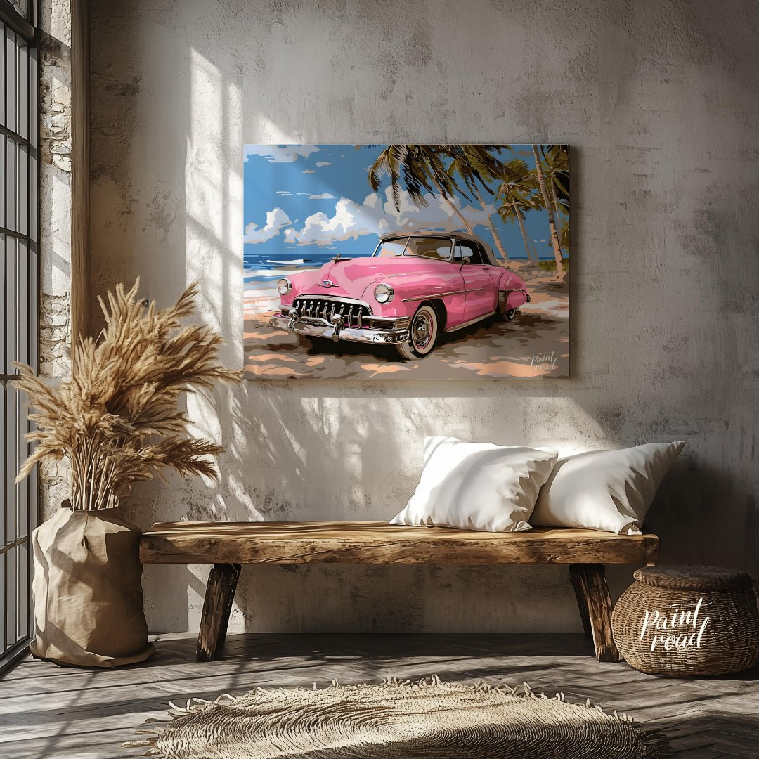 This vibrant art captures the nostalgic charm of a classic pink Cadillac convertible parked on a su… for entryway