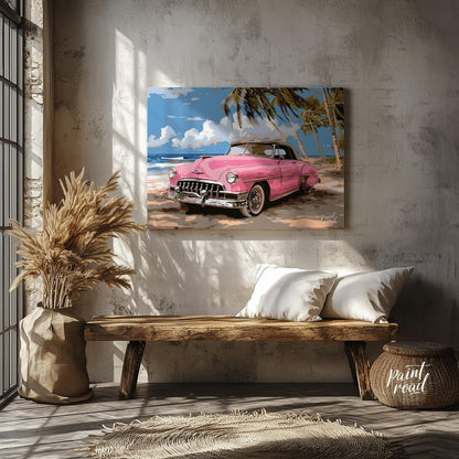 This vibrant art captures the nostalgic charm of a classic pink Cadillac convertible parked on a su… for entryway