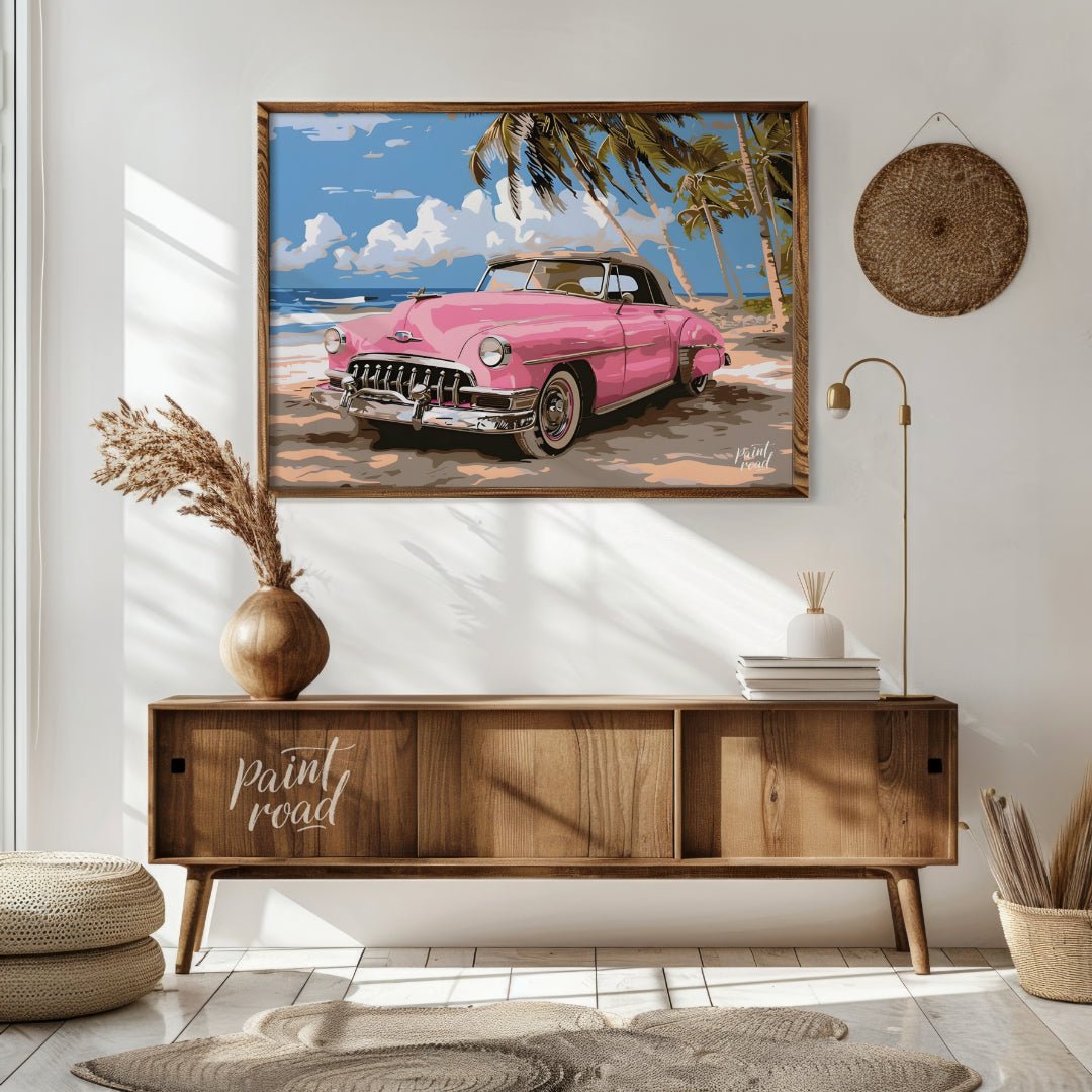 This vibrant art captures the nostalgic charm of a classic pink Cadillac convertible parked on a su… for living room