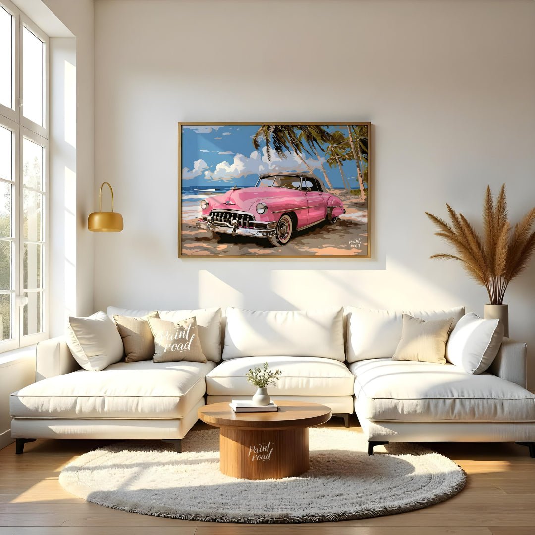 This vibrant art captures the nostalgic charm of a classic pink Cadillac convertible parked on a su… for living room