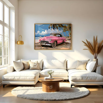 This vibrant art captures the nostalgic charm of a classic pink Cadillac convertible parked on a su… for living room