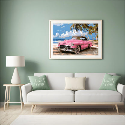 This vibrant art captures the nostalgic charm of a classic pink Cadillac convertible parked on a su… for living room