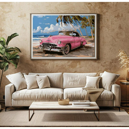 This vibrant art captures the nostalgic charm of a classic pink Cadillac convertible parked on a su… for living room